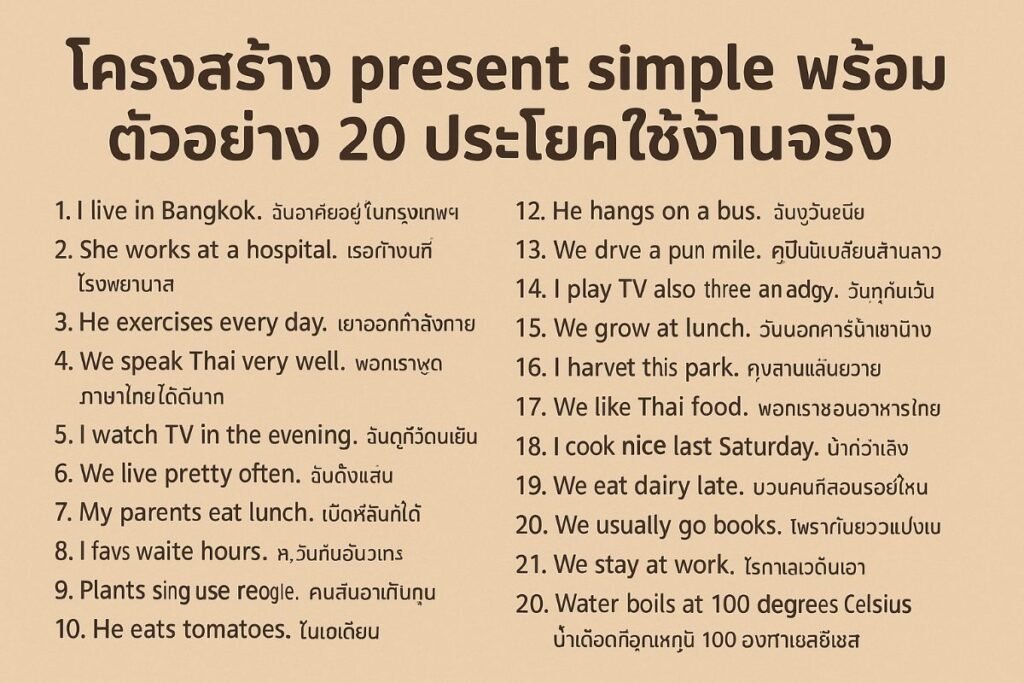 โครงสร้าง present simple พร้อมตัวอย่าง 20 ประโยคใช้งานจริง