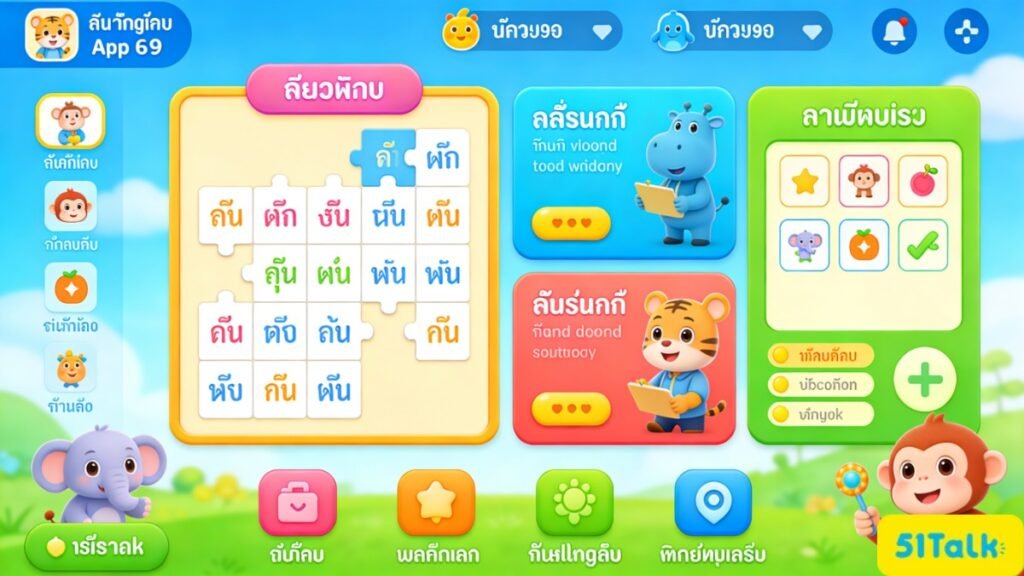 หน้าจอ App ฝึกภาษาอังกฤษสำหรับเด็ก ฟรี ที่มีเกมและบทเรียนโต้ตอบ