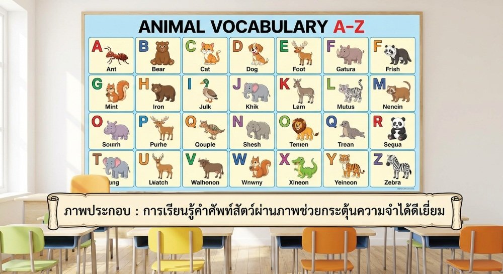 ตารางคำศัพท์สัตว์ภาษาอังกฤษ A-Z พร้อมรูปภาพประกอบสำหรับการเรียนรู้